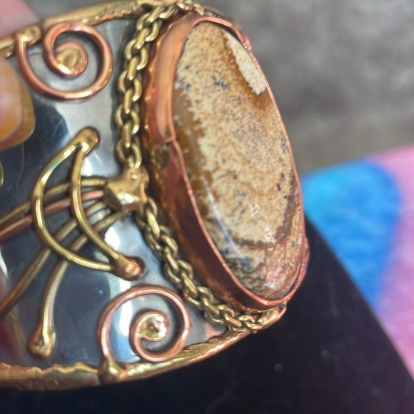 Gold and Silver metal picture jasper Statement Cuff Bracelet - Picture 4 of 5